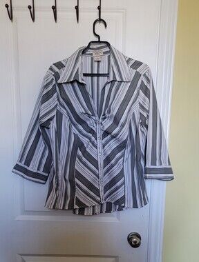 MKM Designs blouse shirt top grey white silver stripes plus size 1X office
